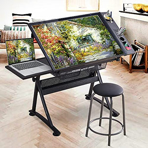 None Adjustable Drawing Table with Tempered Glass Top and Drawers/Stool