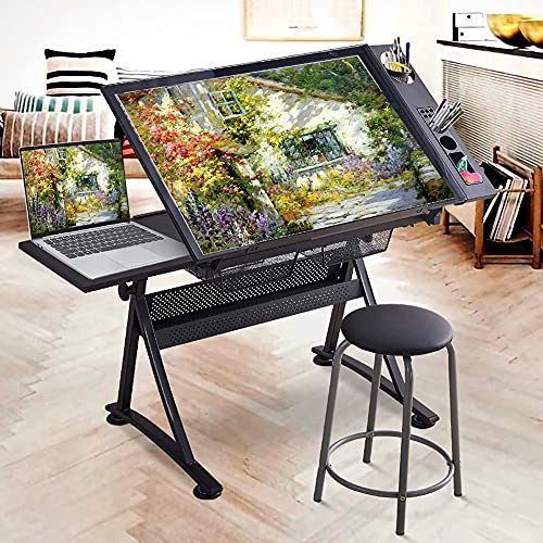 Adjustable Drawing Table with Tempered Glass Top and Drawers/Stool