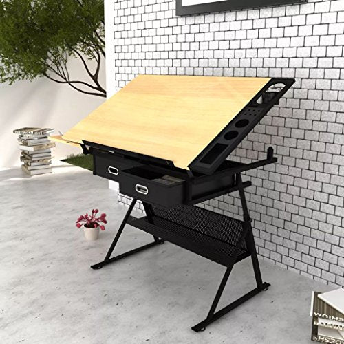 H.BETTER Tiltable Tabletop Drawing Table with Stool Two Drawers Craft Table Drafting Adjustable Top 85 Degrees