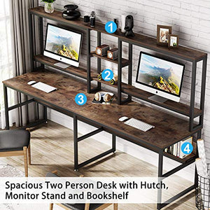 Tribesigns 94.5 inch Two Person Desk with Hutch, Double Workstation Computer Desk with Storage Shelves, Large Industrial Office Desk Study Writing Table with Bookshelf for Home Office, Rustic Brown