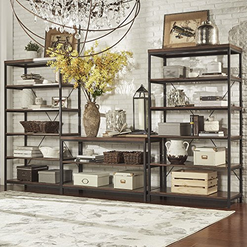 ModHaus Living Industrial Rustic Style Black Metal Frame 6 Tier 40 inches Horizontal Bookshelf Storage Media Tower | Dark Brown Finish, Living Room Decor - Includes Pen (40-inches Wide)