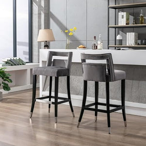 None Modern Velvet Upholstered Bar Stools with Back and Footrest (Set of 2) - Grey, Contemporary Design