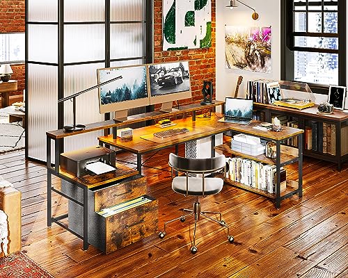 ODK L Shaped Desk with File Drawer, Power Outlet, LED Strip, & Storage Shelves