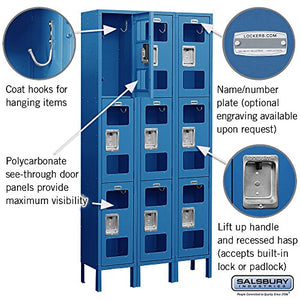 Salsbury Industries 3-Tier See-Through Metal Locker, 6ft H x 12in D, Blue