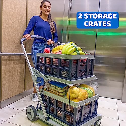 EasyGo Product Folding Utility Shopping Cart with 2 Collapsible Storage Crates - Folds Flat, Fits in Car Trunk - Ideal for Shopping, Laundry, Sports - Parking Brake