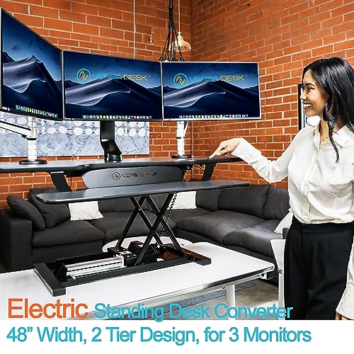 VERSADESK 48" Extra Wide Electric Standing Desk Converter, PowerPro Height Adjustable Sit to Stand Riser with Keyboard Tray, USB Charging Port, 80 lbs Capacity - Black