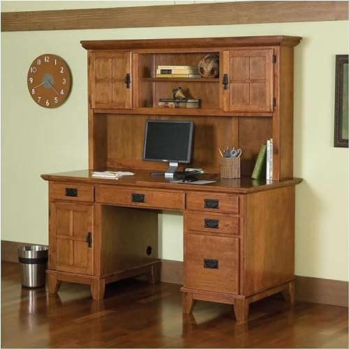Bowery Hill Cottage Oak Wood Pedestal Desk with Hutch
