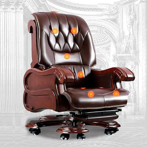 Kinnls Executive Office Chair with Massage Recliner, Genuine Leather Ergonomic High Back Desk Chair (Cowhide - Brown)