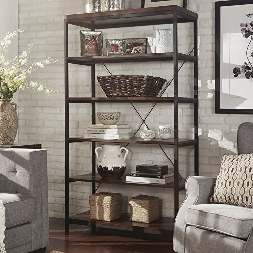 ModHaus Living Industrial Rustic Style Black Metal Frame 6 Tier 40 inches Horizontal Bookshelf Storage Media Tower | Dark Brown Finish, Living Room Decor - Includes Pen (40-inches Wide)