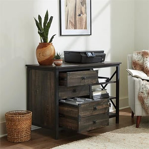 Sauder Steel River Industrial Credenza with Drawers, Carbon Oak Finish