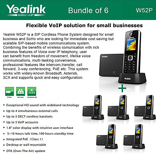 Yealink W52P Bundle of 6 Cordless Phone for business solutions up to 5 VoIP Acct