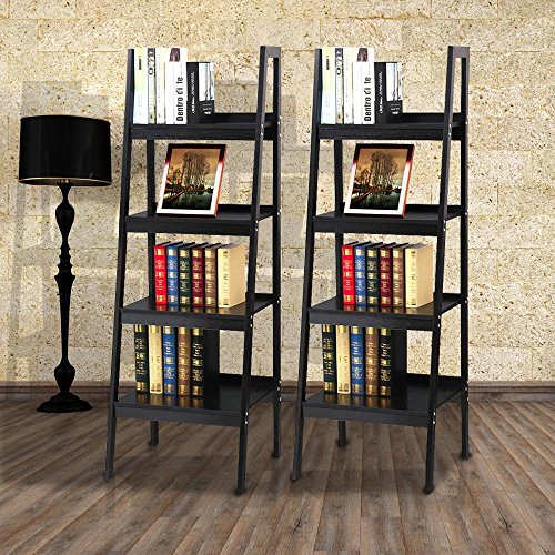 Topeakmart 4 Shelf Floor Standing Leaning/Corner Ladder Shelf Black Wood Bookcase/Bookshelf with Metal Legs/Frame