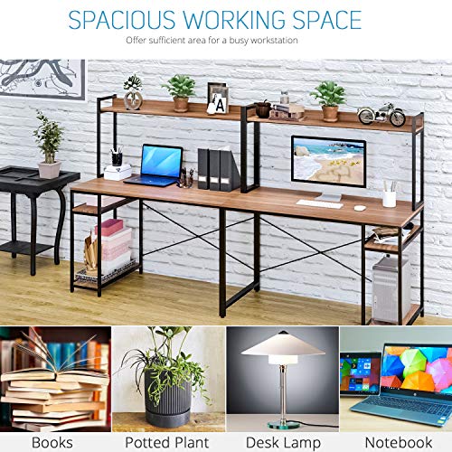 VIPEK 94.5 Inch 2 Person Desk, Large Double Computer Desk with Hutch & Storage Shelves, Extra Long Desk Writing Study Table Double Workstation Home Office Desk for Two People, Suntalam Walnut