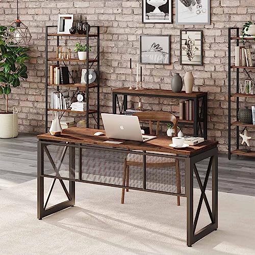 BON AUGURE 60 Inch Computer Desk for Home Office, Industrial Metal Wood Farmhouse Writing Desk