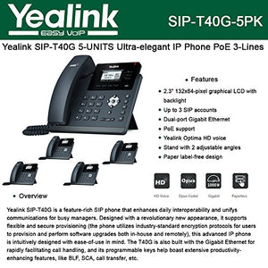 Yealink [5-Pack] T40G IP Phone, 3 Lines. 2.3-Inch Graphical LCD. Dual-Port Gigabit Ethernet, 802.3af PoE, Power Adapter Not Included (SIP-T40G-5)