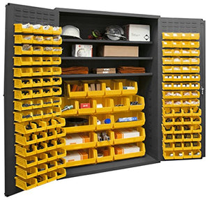 Durham 2502-138-3S-95 Lockable Cabinet with 138 Yellow Hook-On Bins, 3 Adjustable Shelves, Flush Door Style, 48" Wide, 16 Gauge, Gray