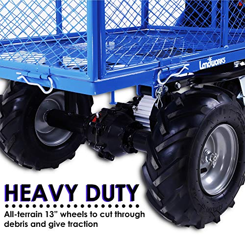 Landworks Utility Cart Hand Truck Power Wagon Super Duty Electric 48V DC 500W AGM Battery 500LBS & 1000LBS+ Load/Hauling Cap Wheelbarrow Barrel Dump w/All Purpose Modular Cargo Bed