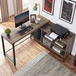 FELLYTN Rustic Industrial L Shaped Desk, 59 Inch Wood and Metal Study Corner Desk, Office Writing Workstation with Shelves and File Cabinet for Home Office (Gray Oak)