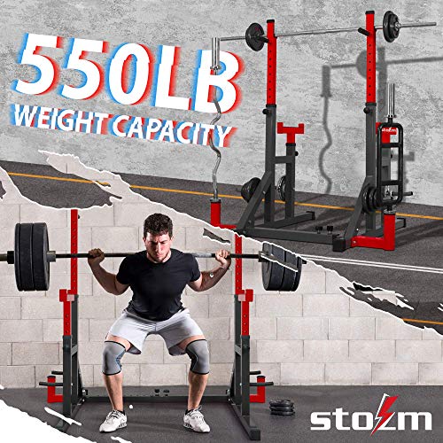 STOZM Combo Barbell Rack & Adjustable Weight Bench with Foldable Design for Weight Lifting & Full Body Workout – 14-Gauge Steel Frame (Red/Amber)