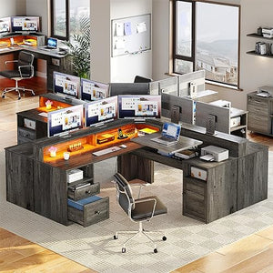 YITAHOME L Shaped Desk with Power Outlets & LED Lights, 60” Computer Desk with Drawers & Lift Top, Grey