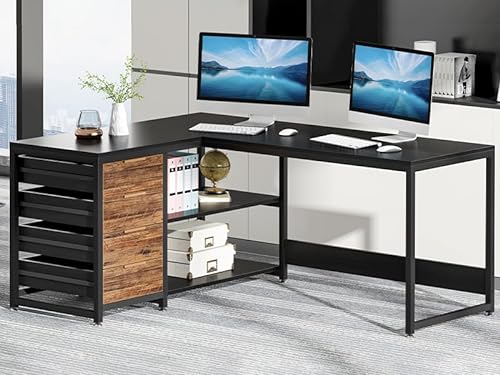 Tribesigns L-Shaped Computer Desk with Storage Drawers, Shelves - 59" Black