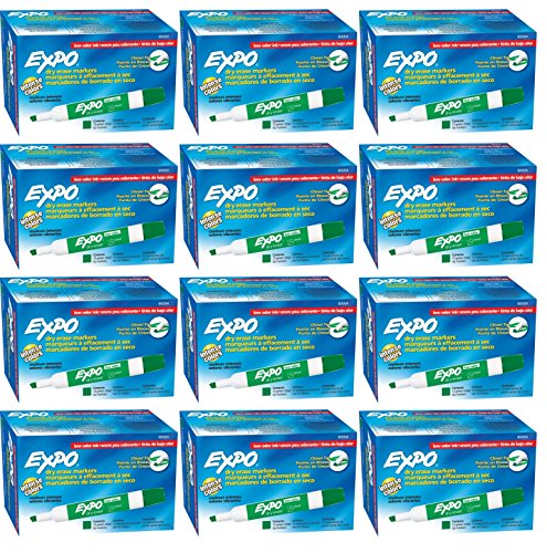 Expo 80004 Low Odor Dry Erase Markers, Chisel Tip, Green Color, 12 Sets with 12 Markers, Total of 144 Markers