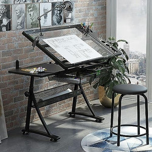 CNAOHGHN Glass Drafting Desk with Adjustable Height, 2 Storage Drawers, and Stool