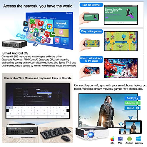 Smart HD Projector Bluetooth, Wireless WiFi Projector with 5000 Lumen 200” Large Image Display HDMI USB for Home Entertainment, Connect to Laptop Tablet Fire TV Stick Game Console PS4 Roku