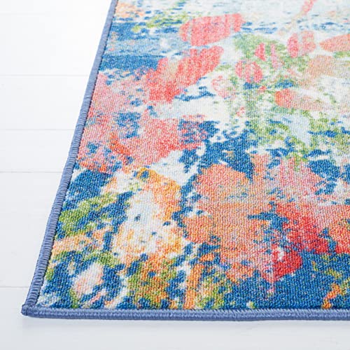 SAFAVIEH Paint Brush Collection PTB157N Watercolor Floral Distressed Machine Washable Non-Shedding Living Room Dining Bedroom Area Rug, 7'9" x 10', Navy/Orange