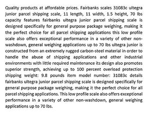 Fairbanks Scales 31083C Ultegra Junior Parcel Shipping Scale, 11" Length, 11" Width, 1.5" Height, 70 lbs Capacity