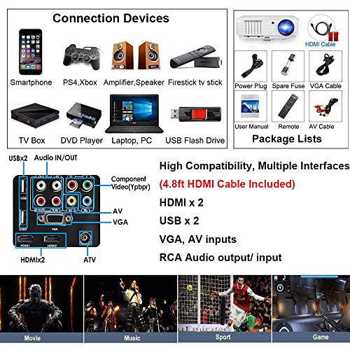 LED HD Video Projector Bluetooth Android 6.0 WiFi 3900 Lumens WXGA, 200" LCD Home Cinema Theater Projector 1080P HDMI VGA USB AV TV for Indoor Outdoor Movie TV Gaming Phone Laptop Firestick DVD PS4