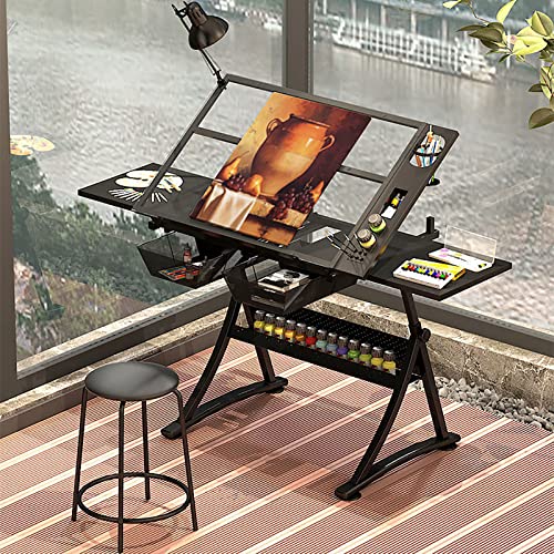 FLaig Adjustable Height Drafting Desk with Tempered Glass Tabletop and Drawers/Stool