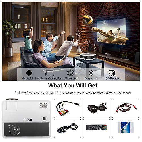 HD LCD HDMI Wireless Bluetooth Movies Projector for Gaming TV Home Theater 4600 Lumen 1280x800 New 2019 Android Video Projectors Compatible with iPad HDMI VGA USB, DVD Laptop Smartphone PS4 Wii Xbox