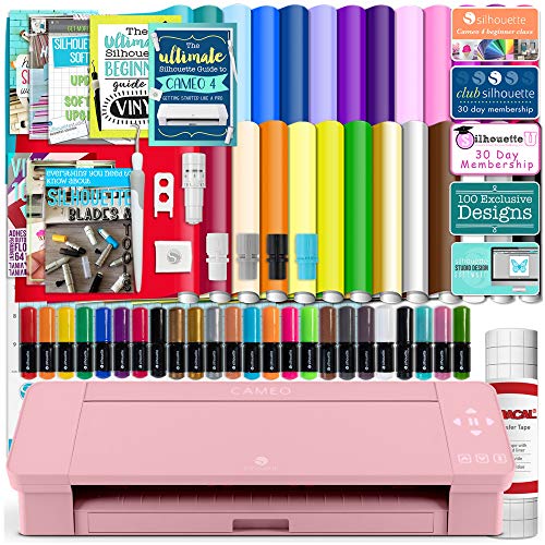 Silhouette Pink Cameo 4 Starter Bundle with 26 Oracal Vinyl Sheets, Transfer Paper, Class, Guides and 24 Sketch Pens