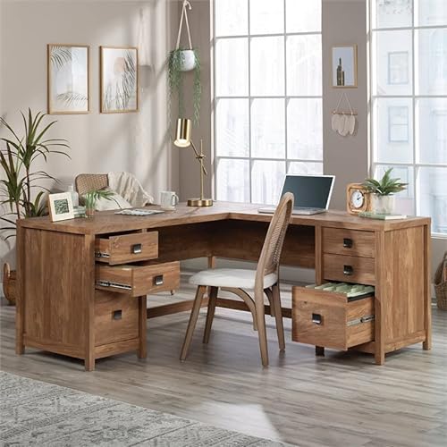 Sauder L-Shaped Desk with 6 Storage Drawers, Sindoori Mango Finish