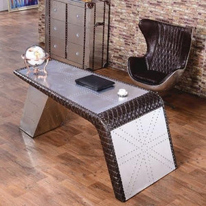 Nautical-Mart Aviator Wing Desk with Storage - Aluminum and Leather - Silver - 76″Wx32″Dx30″H