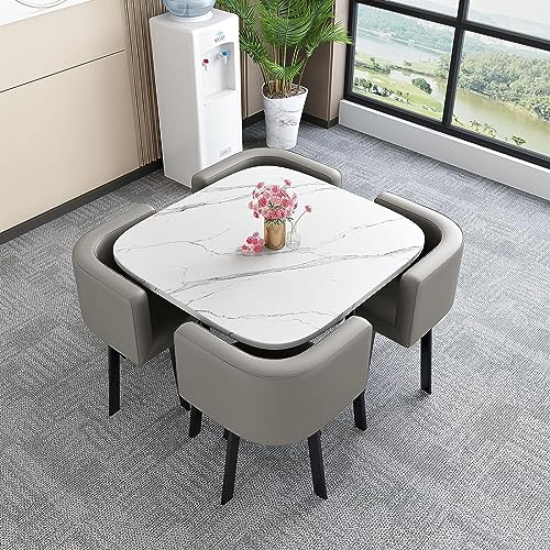 WEBERT Reception Room Club Table and Chair Set with 4 Leather Chairs, Modern Square Dining Table (Color: G)