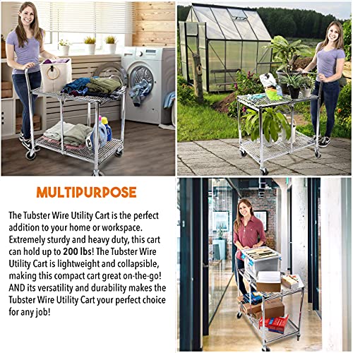 Stand Steady Tubstr Collapsible 2 Shelf Wire Cart, Heavy Duty Rolling Utility Cart, Holds 200 Pounds, Commercial Grade (Chrome, 33.75in x 19.5in x 39.5in)