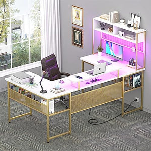 Unikito Modern L-Shaped Desk with Hutch, RGB LED Lights, Smart Control, Monitor Stand, Power Outlets, USB Ports