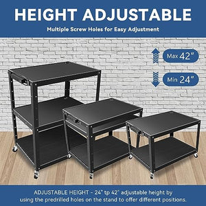 Auto Dynasty Universal Adjustable-Height AV Rolling Storage Cart with Power Strip, 3 Outlets, 35"x24-42"x25", Black
