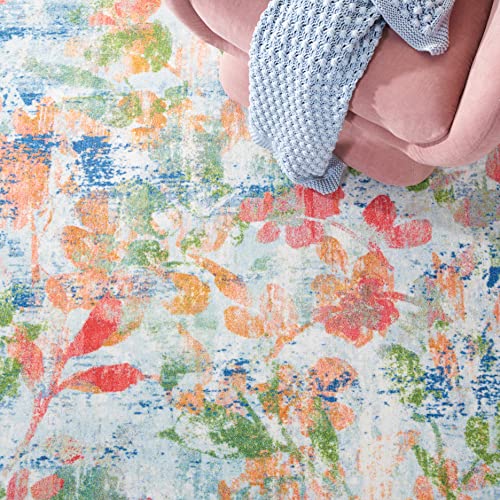 SAFAVIEH Paint Brush Collection PTB157N Watercolor Floral Distressed Machine Washable Non-Shedding Living Room Dining Bedroom Area Rug, 7'9" x 10', Navy/Orange