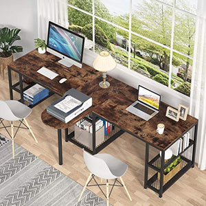 Tribesigns 102 inches Double Computer Desk with Storage Shelves and Tiltable Tabletop, Extra Long Two Person Desk with Printer Shelf, Double Workstation Desk Study Table for Home Office (Rustic Brown)
