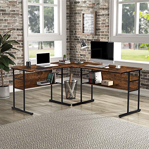 SSLine 59" L Computer Desk Wood&Metal Drafting Table with Open Shelves Rustic Brown Corner Study Writing Desk Large Home Office Drawing Table Workstation w/Adjustable Tilting Tabletop