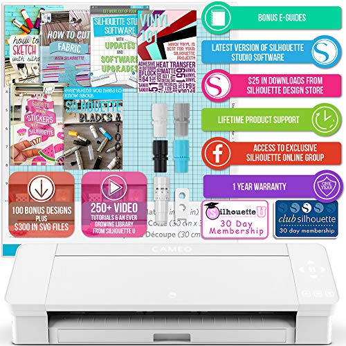 Silhouette White Cameo 4 Starter Bundle with 26 Oracal Vinyl Sheets, Transfer Paper, Class, Guides and 24 Sketch Pens