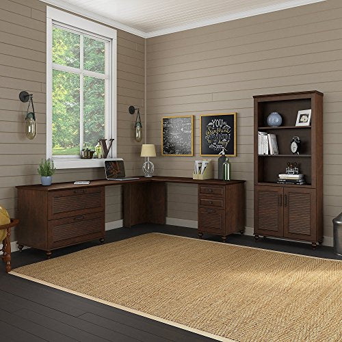 kathy ireland Home by Bush Furniture Volcano Dusk 68W x 91D L Shaped Desk with Bookcase and 2 Pedestals in Coastal Cherry