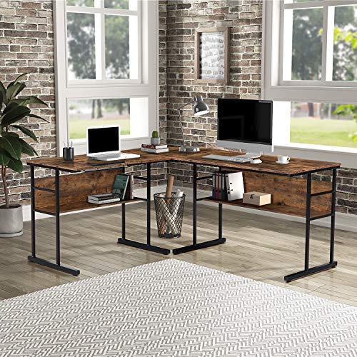 Office L-Shaped Desk with Bottom Bookshelves and CPU Stand, Multi-Function Drafting Drawing Table with Tiltable Desktop for Artist or Student/67 inch