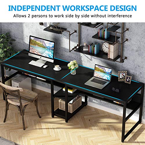 Tribesigns Two Person Desk with Bookshelf, 78.7 Computer Office Double Desk, Rustic Writing Workstation (Black)