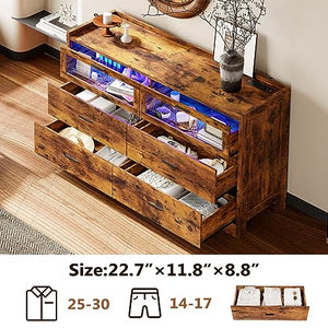 LIKIMIO 47" 6 Drawer Glass Dresser with LED, Power Strip, and Storage Cabinet - Rustic Brown
