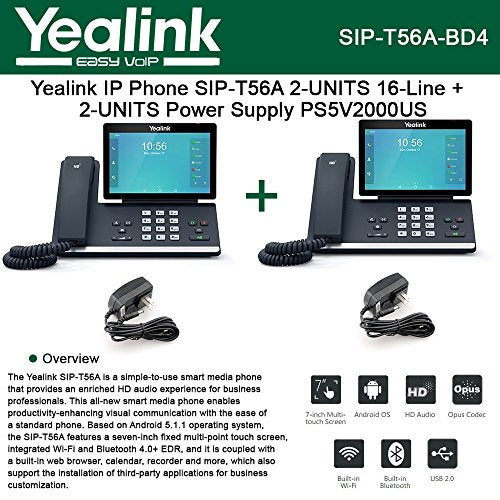 Yealink SIP-T56A 2PACK IP Phone 16Lines + 2PACK Power Supply PS5V2000US 5Volts