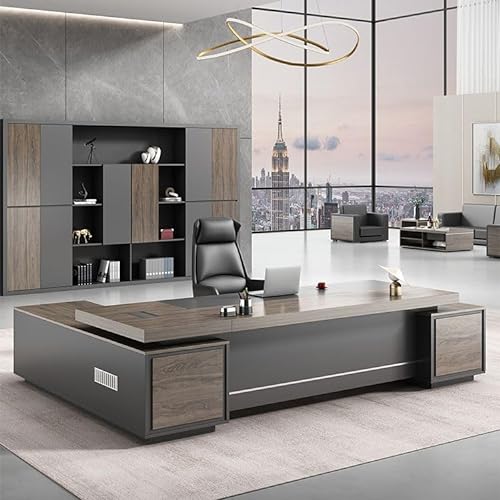 KWOKING Executive Brown L-Shape Writing Desk with Drawers - 94.5" x 63" x 29.5